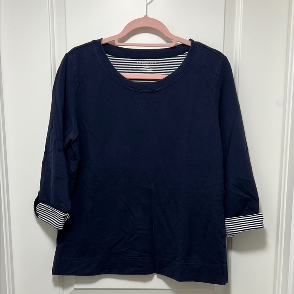 Navy Blue Women's Top with Striped Cuffs